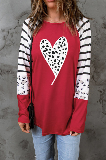 Fiery Red Valentines Leopard Heart Print Color Block Long Sleeve Top