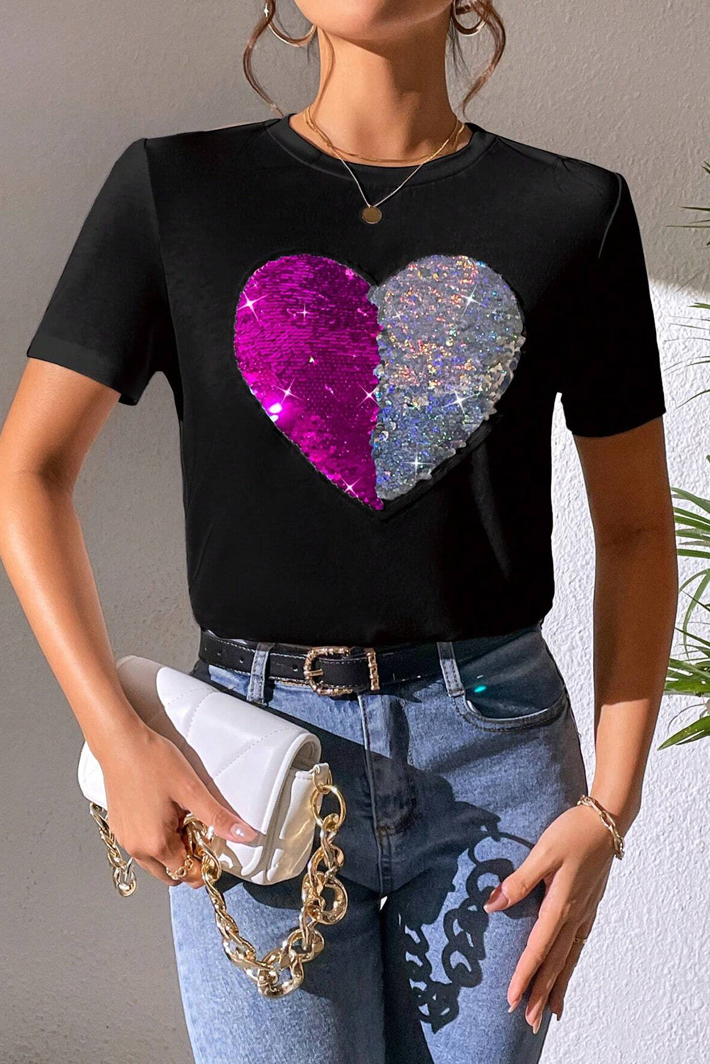 Black Valentine Two Tone Sequined Heart Shaped Graphic T Shirt