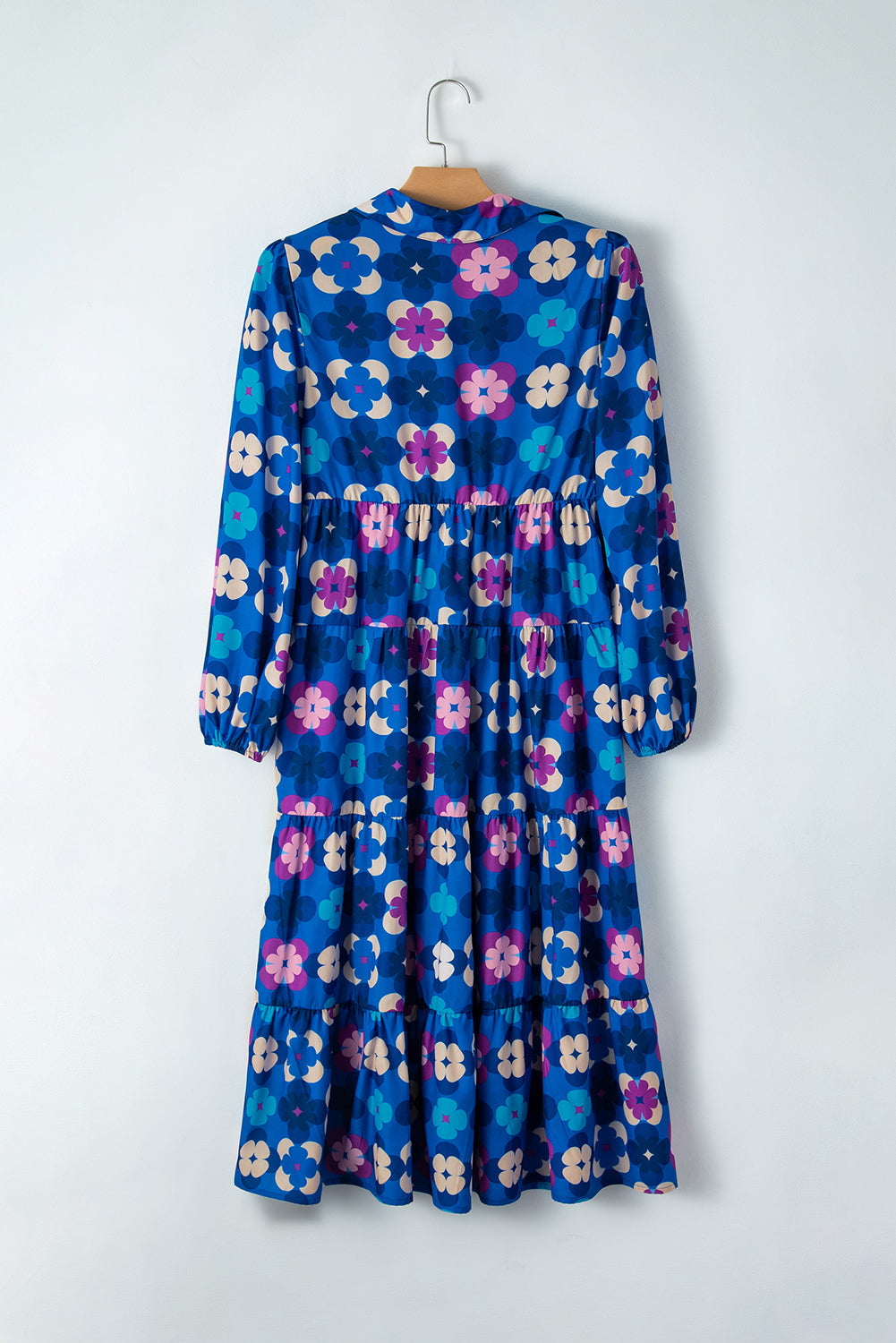 Blue Floral Peasant Sleeve Tiered Ruffle Midi Dress