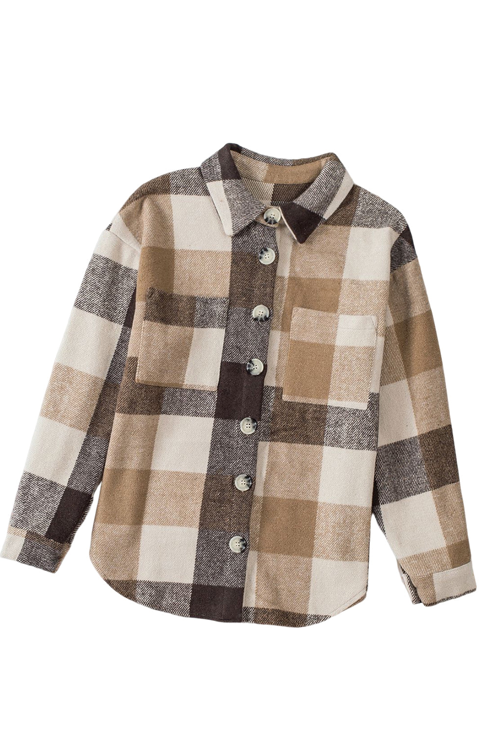 Khaki Plaid Color Block Buttoned Long Sleeve Jacket with Pocket