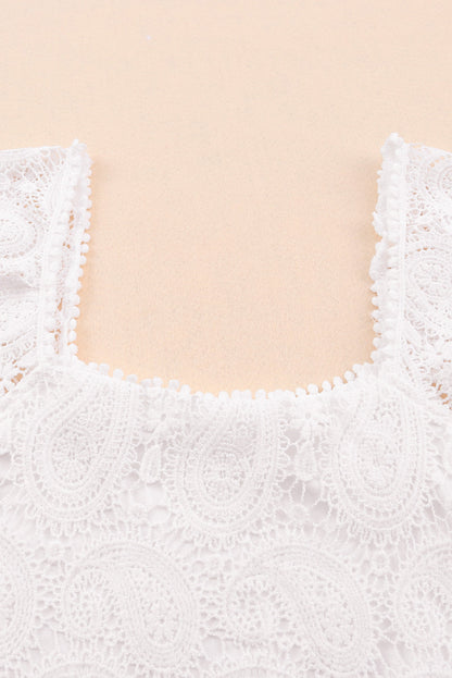 White Lace Crochet Ruffled Square Neck Tank Top