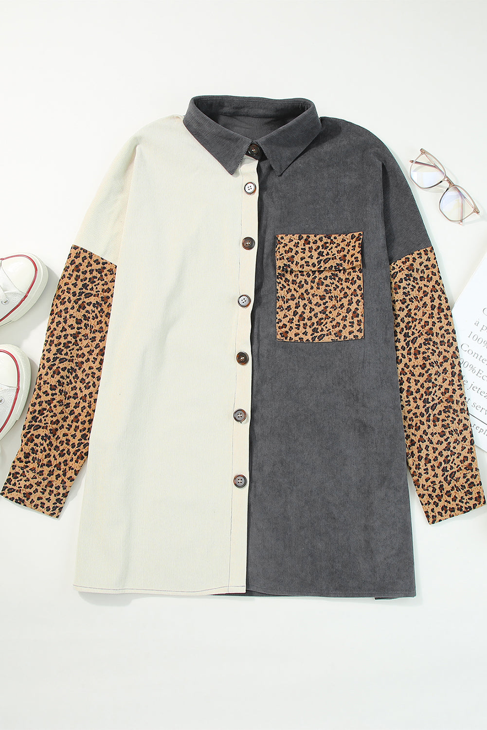 Gray Color Block Leopard Patched Corduroy Shacket