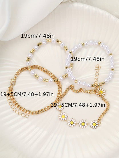 Daisy Pearl Chain Bracelet Set with a White Twist