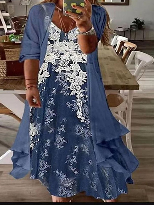 Women‘s Plus Size Curve Two Piece Dress Floral V Neck Print Long Sleeve Fall Spring Casual Maxi long Dress Casual Daily Dress