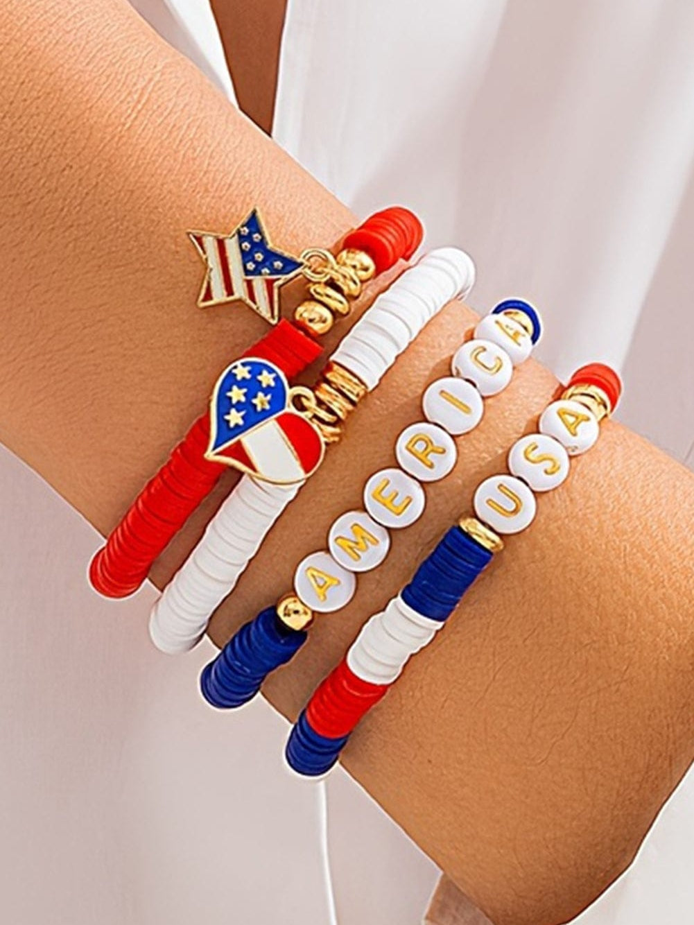 Dark Blue American Flag Pendant Letter Beaded Bracelet Set