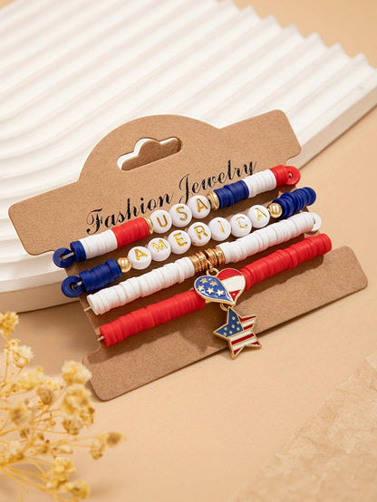 Dark Blue American Flag Pendant Letter Beaded Bracelet Set