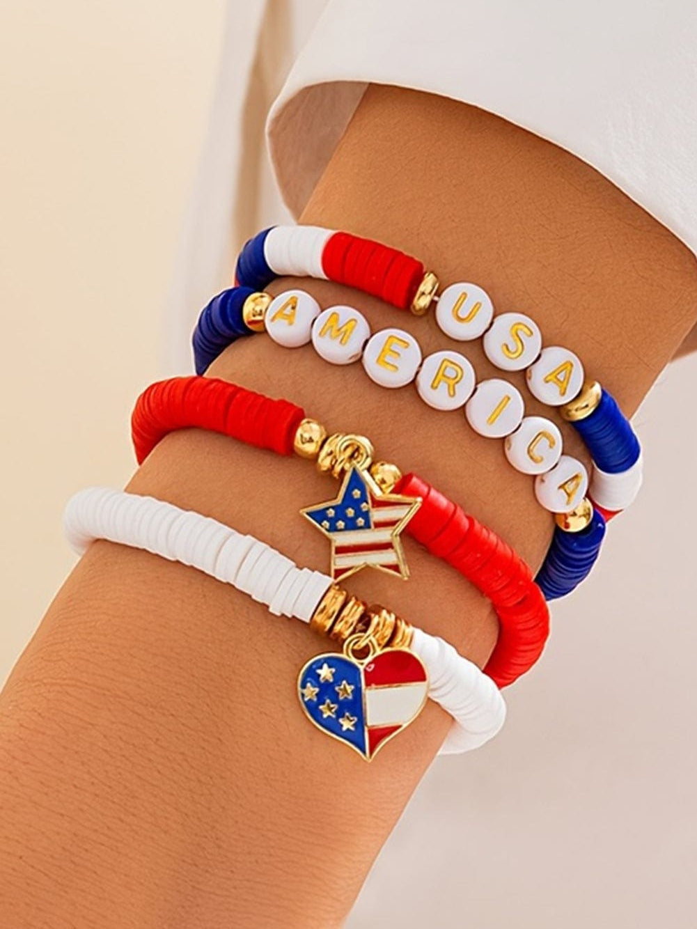 Dark Blue American Flag Pendant Letter Beaded Bracelet Set