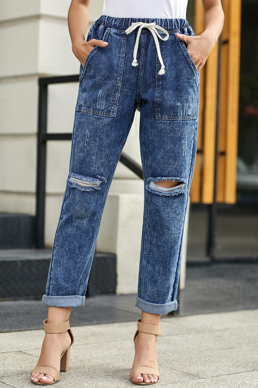 Dark Blue Gather Round Distressed Pocketed Denim Jogger