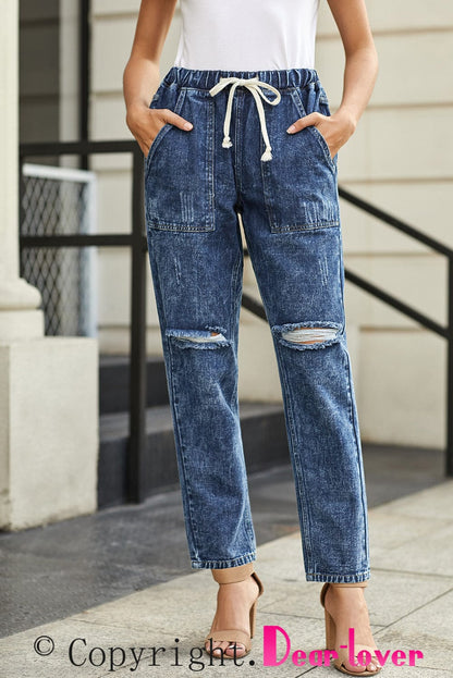 Dark Blue Gather Round Distressed Pocketed Denim Jogger