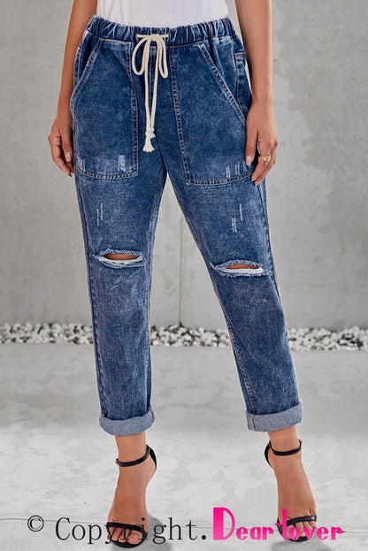 Dark Blue Gather Round Distressed Pocketed Denim Jogger