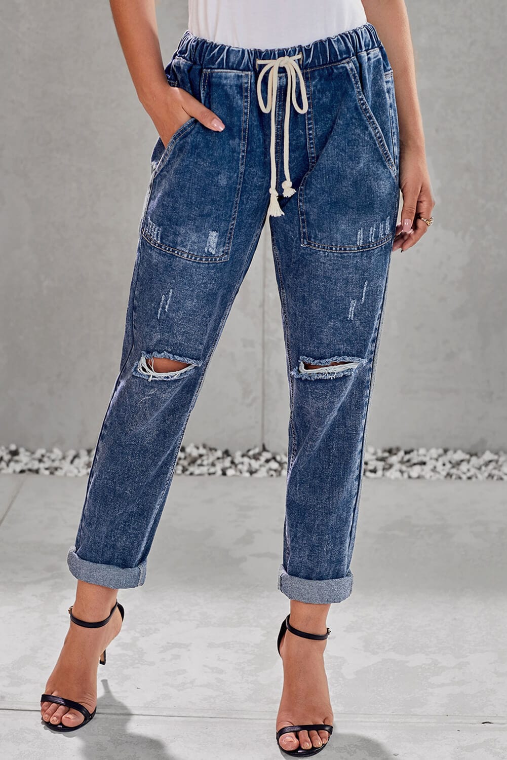 Dark Blue Gather Round Distressed Pocketed Denim Jogger