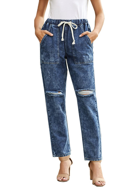 Dark Blue Gather Round Distressed Pocketed Denim Jogger