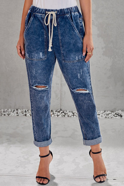 Dark Blue Gather Round Distressed Pocketed Denim Jogger