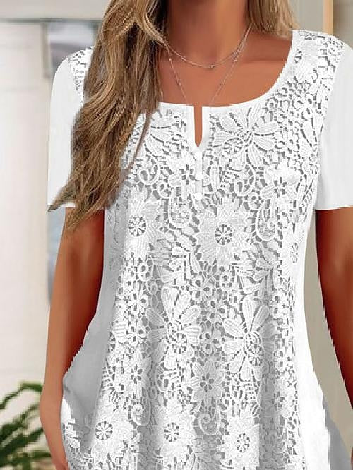 Women's Shirt Lace Shirt Blouse Plain Casual Lace White Short Sleeve Basic V Neck