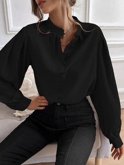 Women's Shirt Lantern Sleeve Blouse Plain Work Button Black Long Sleeve Daily Standing Collar Spring &  Fall