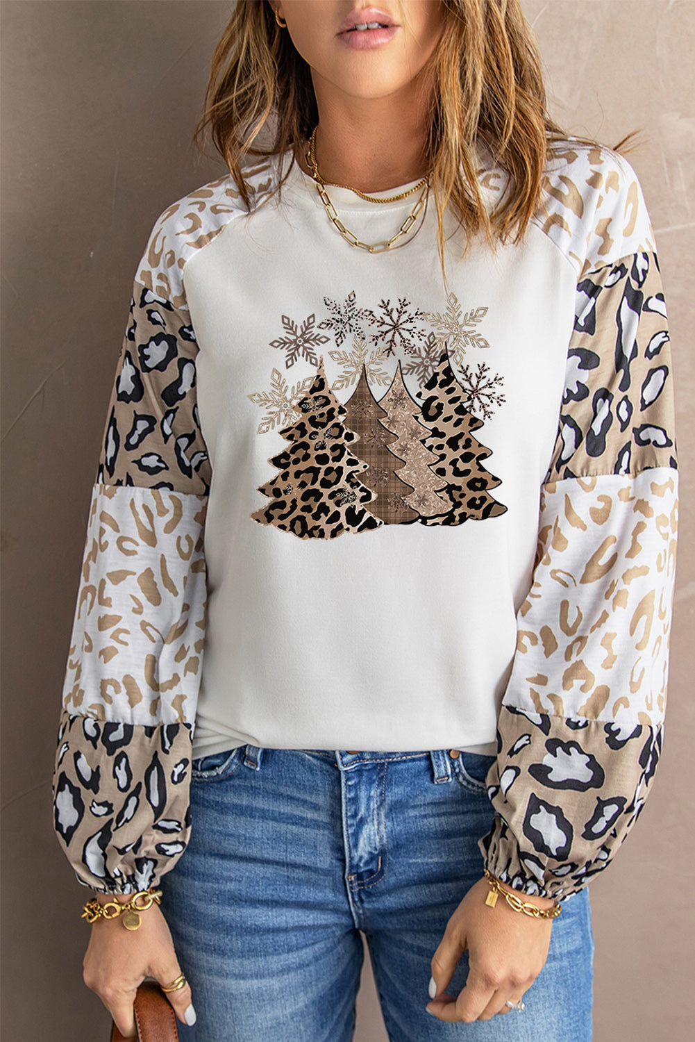 Leopard Color Block Crew Neck Long Sleeve Blouse