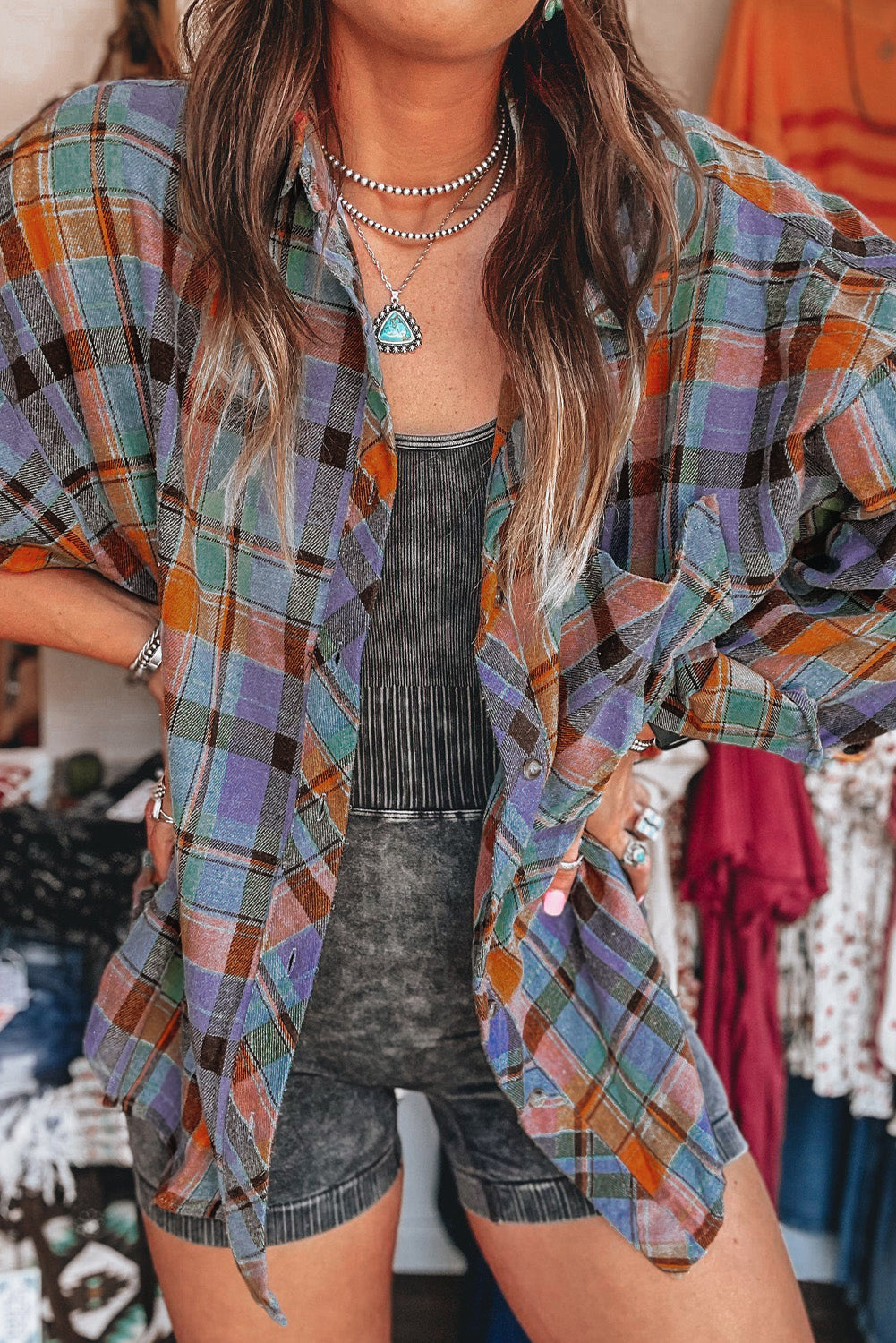 Orange Plaid Print Loose Vintage Shirt