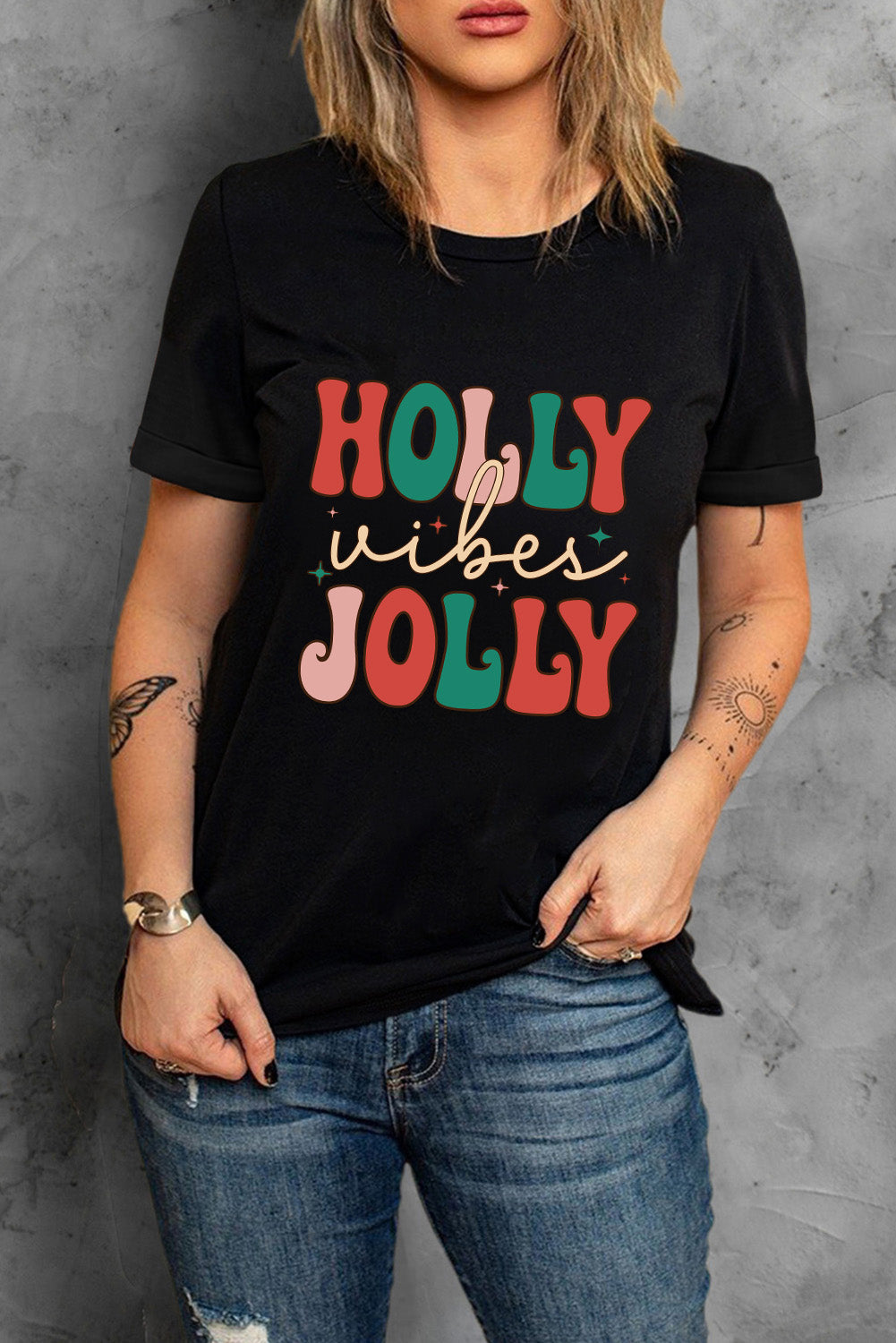 Black HOLLY JOLLY Vibes Christmas Crew Neck T Shirt