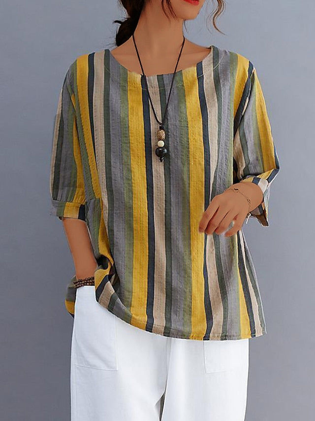 Women's Shirt Blouse Linen Floral Striped Casual Print Black Short Sleeve Fashion Round Neck Spring & Summer