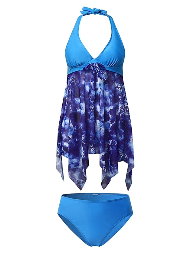 Women's Swimwear Tankini Swim Dress 2 Piece Plus Size Swimsuit Halter 2 Piece Modest Swimwear Push Up Open Back Floral Print Blue Halter V Wire Bathing Suits New Vacation Beach Wear - LuckyFash™