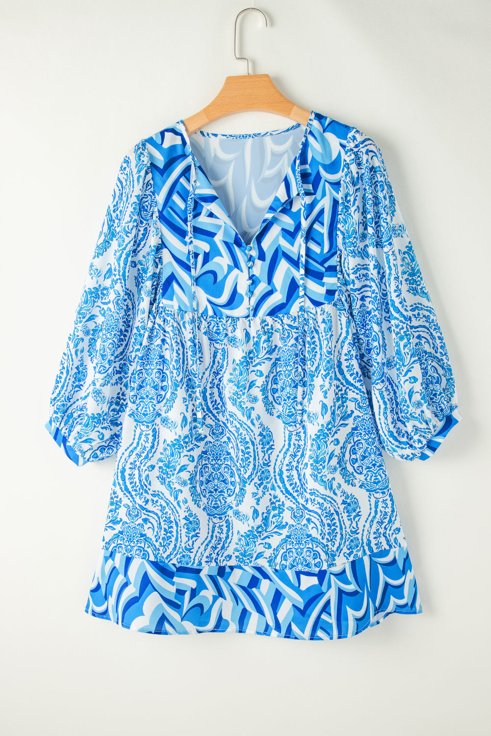 Sky Blue Bohemian Print Puff Sleeve Tied V Neck Flared Mini Dress