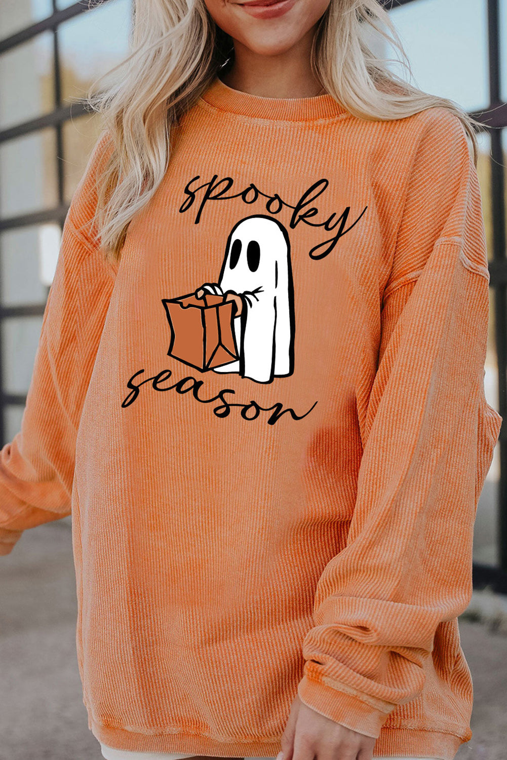 Orange Spooky Season Ghost Print Ribbed Pullover Sweatshirt