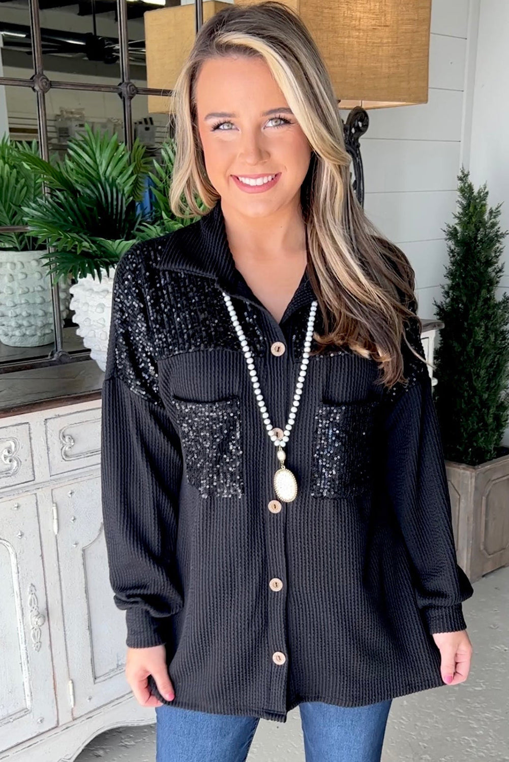 Black Sequin Patch Chest Pocket Corded Shacket