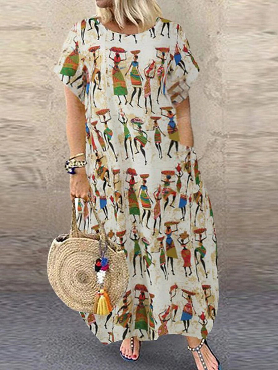 Women‘s Plus Size Curve Casual Dress Shift Dress Graphic Long Dress Maxi Dress Short Sleeve Pocket Print Crew Neck Fashion Daily Khaki Summer Spring L XL XXL 3XL 4XL