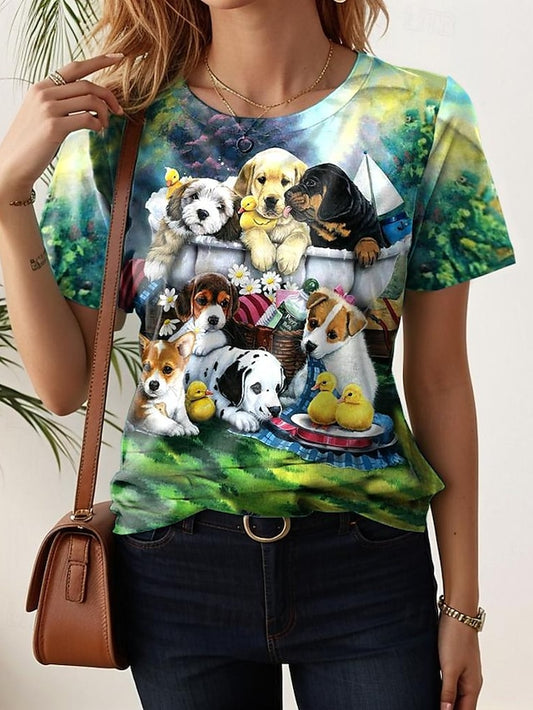 Women's T shirt Tee Animal Dog Daily Green Short Sleeve Stylish Crew Neck Summer