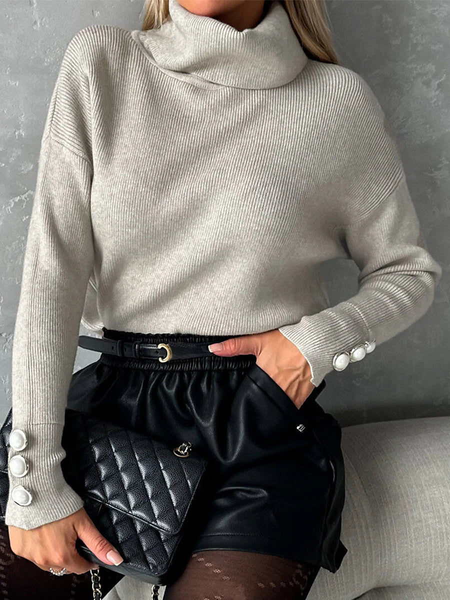 Women's Pullover Sweater Jumper Turtleneck Ribbed Knit Polyester Button Knitted Fall Winter Regular Outdoor Daily Going out Stylish Casual Soft Long Sleeve Solid Color Black White Army Green S M L