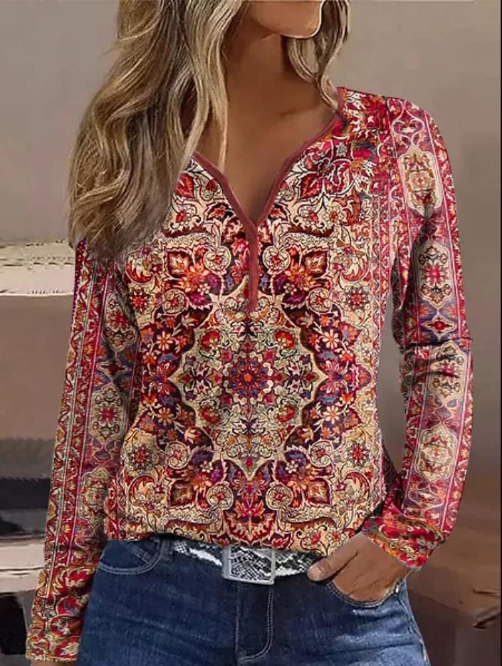 Women's T shirt Tee Henley Shirt Floral Holiday Weekend Button Print Pink Long Sleeve Elegant Fashion Daily V Neck Fall & Winter