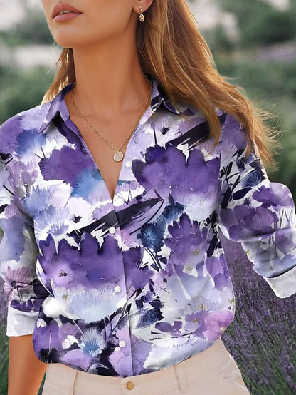 Women's Shirt Blouse Floral Casual Holiday Button Print Purple Long Sleeve Fashion Streetwear Shirt Collar Summer Spring