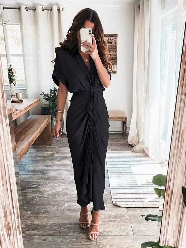 Women's Shirt Dress Casual Dress Work Dress Maxi long Dress Party Daily Holiday Satin Silk Fashion Elegant Shirt Collar Lace up Ruched Short Sleeve Summer Spring 2023 Regular Fit Black Pink Wine Pure - LuckyFash™