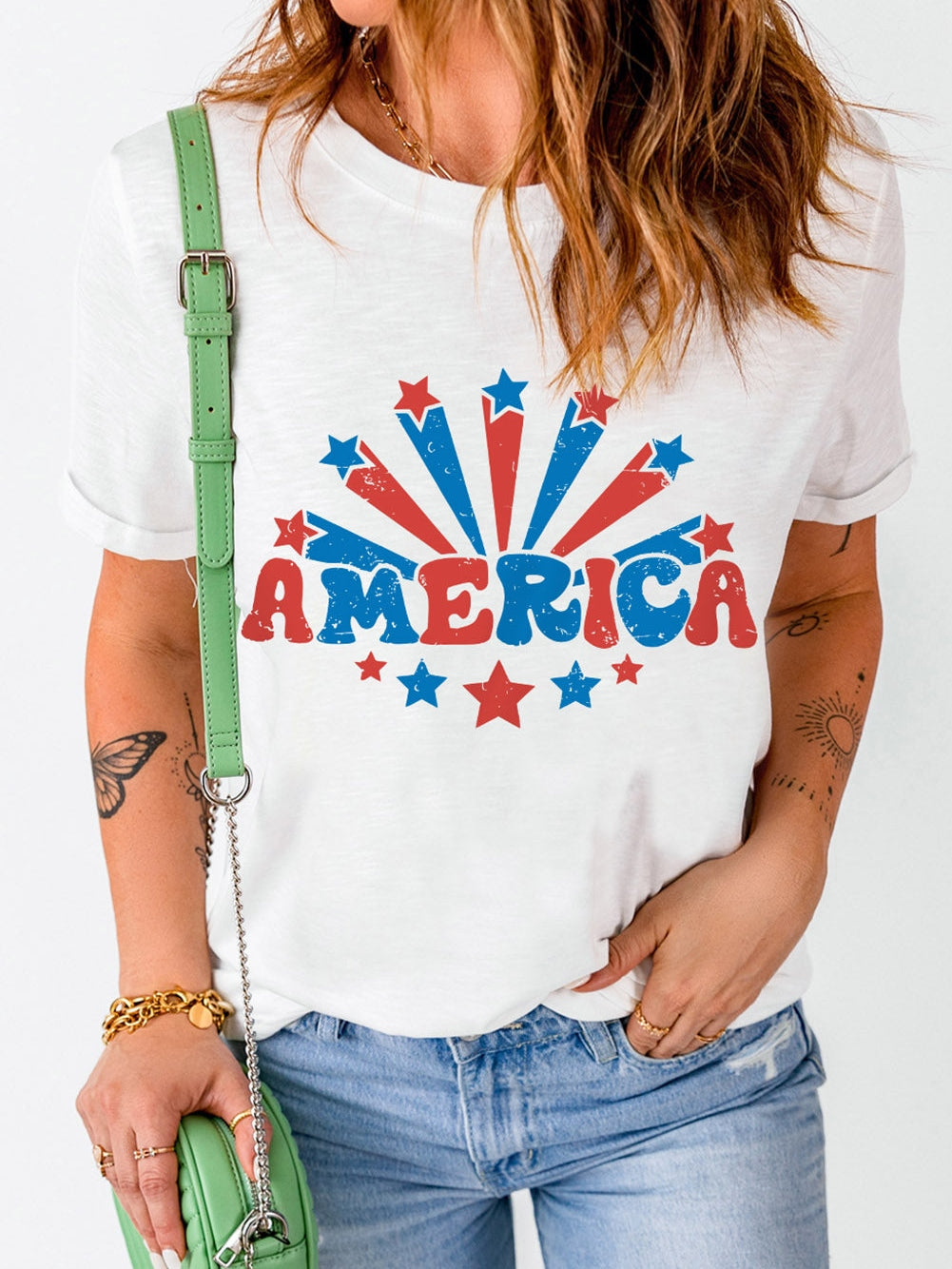 America Flag Print White Round Neck Tee