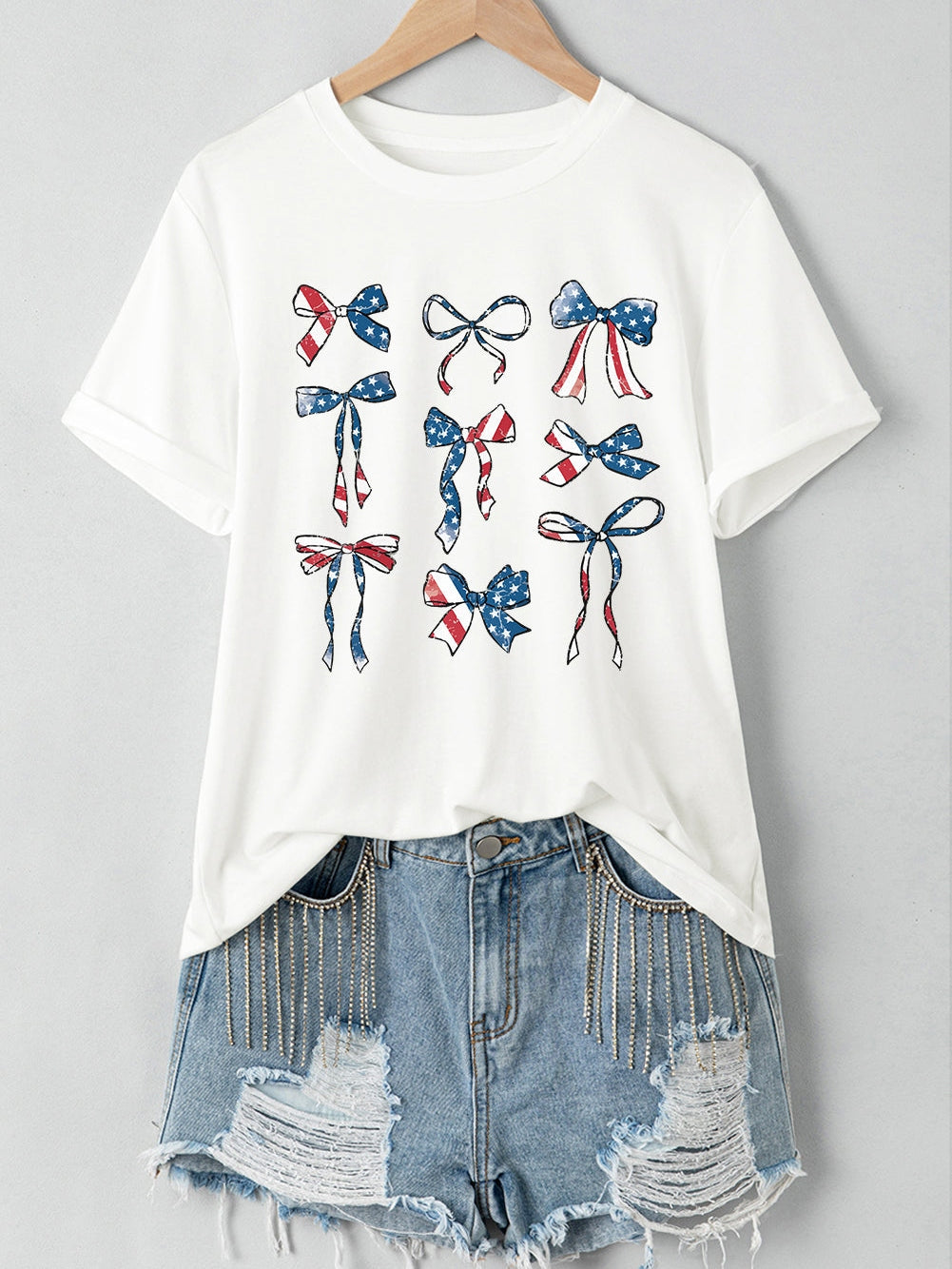 American Flag Print Bowknot Graphic Tee in White