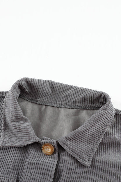 Gray Ribbed Corduroy Long Sleeve Jacket with Pocket