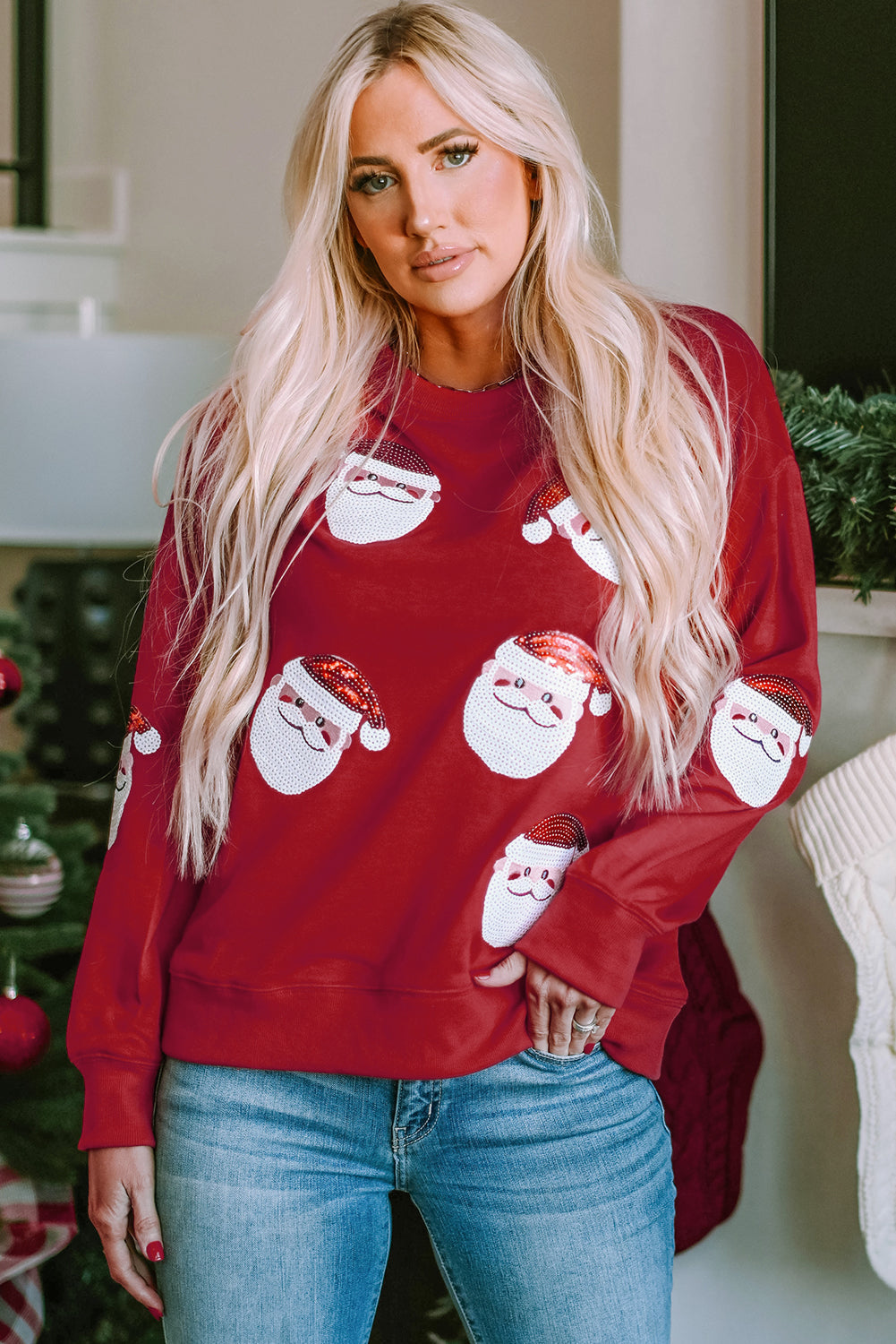 Fiery Red Santa Claus Sequin Graphic Sweatshirt