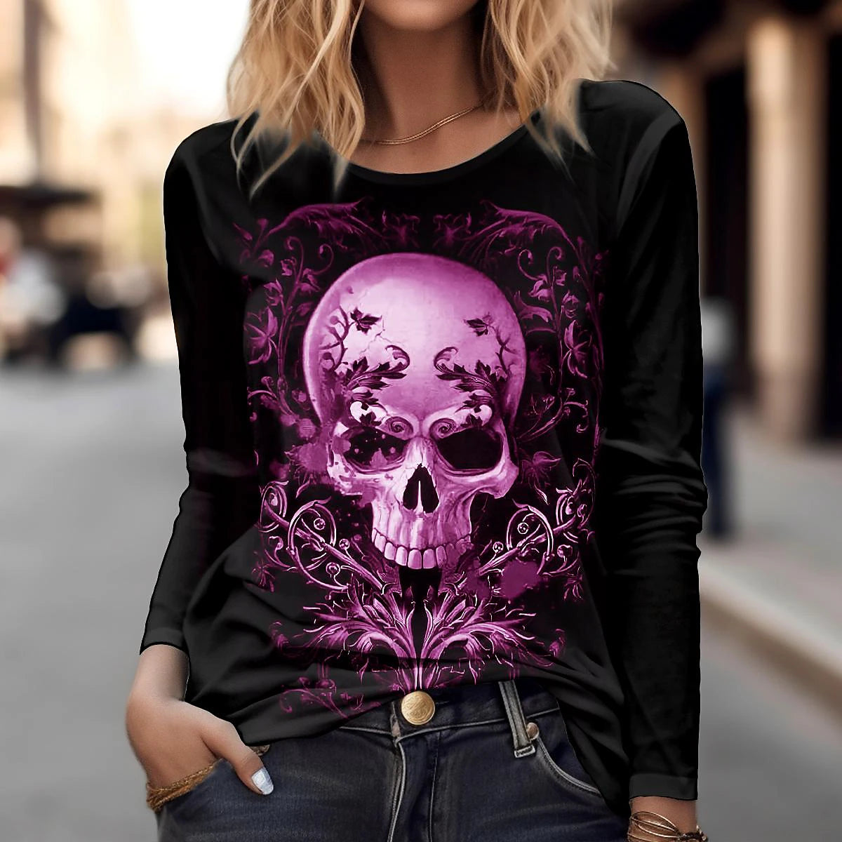 Women's T shirt Tee Halloween Shirt Skull Halloween Weekend Print Black Long Sleeve Daily Basic Round Neck Fall & Winter