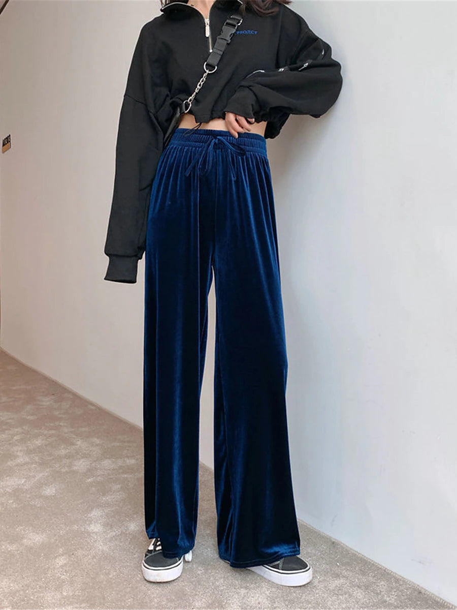 Women‘s Wide Leg Velvet Pants Trousers Baggy Full Length Pocket Micro-elastic High Waist Fashion Streetwear Party Peacock Blue Black S M Fall & Winter