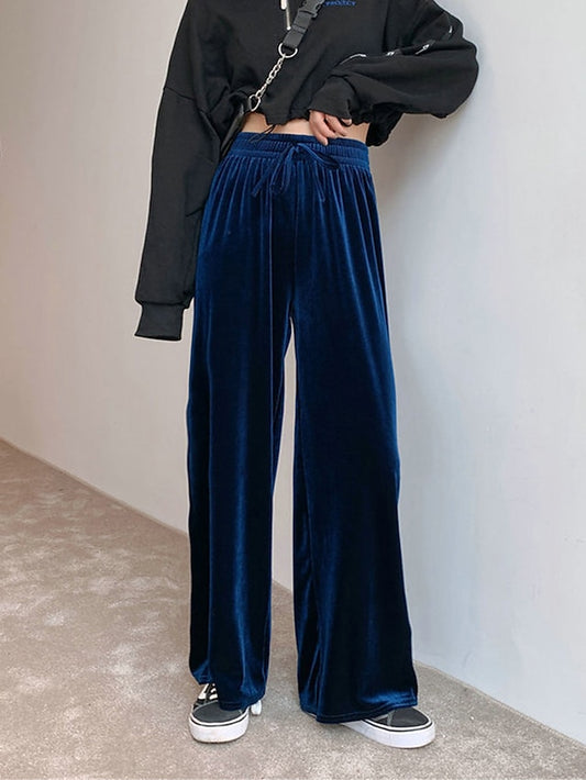 Women‘s Wide Leg Velvet Pants Trousers Baggy Full Length Pocket Micro-elastic High Waist Fashion Streetwear Party Peacock Blue Black S M Fall & Winter