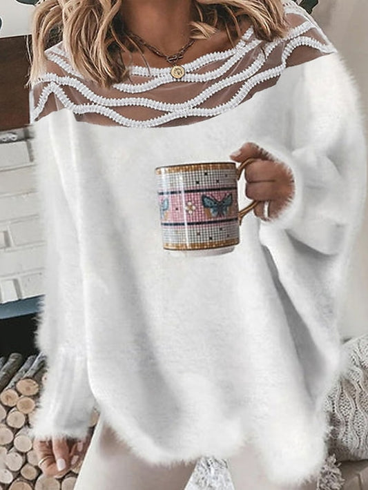 Women's Pullover Sweater Jumper Crew Neck Crochet Fuzzy Knit Imitation Mink Lace Trims Fall Winter Cropped Daily Going out Stylish Long Sleeve Solid Color White S M L