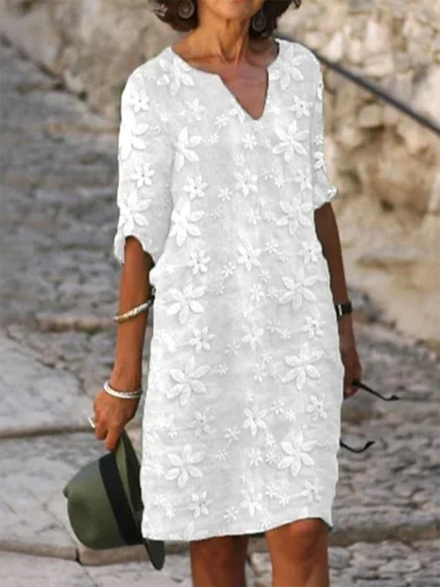 Women's Cotton Linen Dress Casual Dress Shift Dress Midi Dress Cotton Fashion Modern Outdoor Daily Vacation V Neck Print Half Sleeve Summer Spring 2023 Loose Fit White Blue Green Flower S M L XL 2XL - LuckyFash™