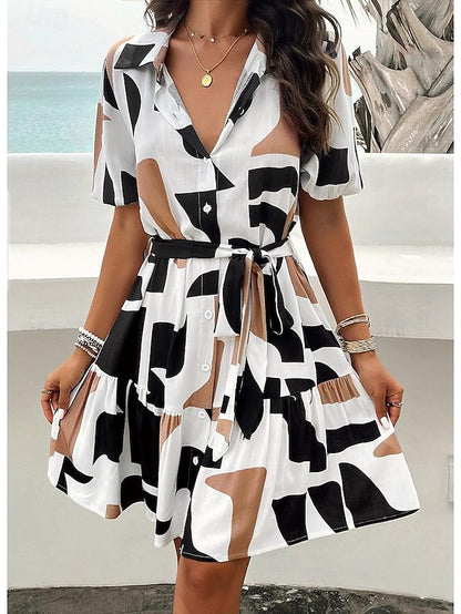 Women's Sundress A Line Dress Tie Front Print Shirt Collar Cap Sleeve Mini Dress Hawaiian Party Vacation Short Sleeve Summer Spring