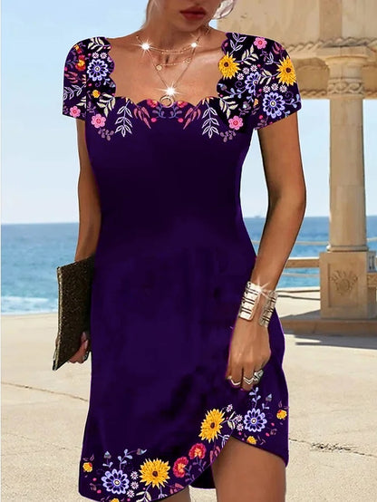 Women's Casual Dress Shift Dress Floral Dress Mini Dress Black Blue Purple Short Sleeve Floral Ruched Summer Spring Square Neck Fashion Vacation Summer Dress 2023 S M L XL XXL 3XL - LuckyFash™