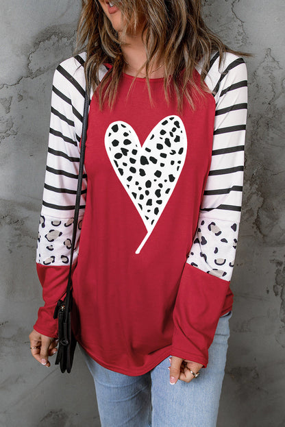 Fiery Red Valentines Leopard Heart Print Color Block Long Sleeve Top