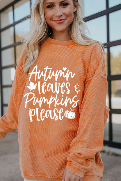 Orange Autumn Leaves Pumpkins Please Ribbed Oversized Sweatshirt