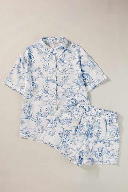 Sky Blue Floral Short Sleeve Shirt and Shorts Set