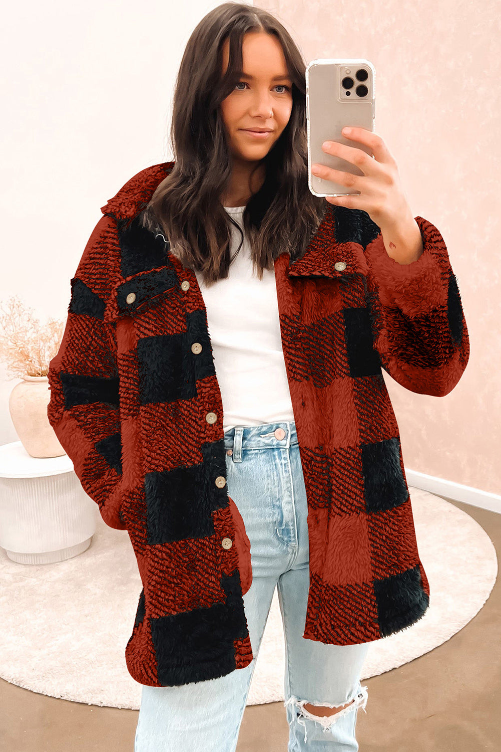 Brown Fuzzy Plaid Flap Button Up Midi Coat