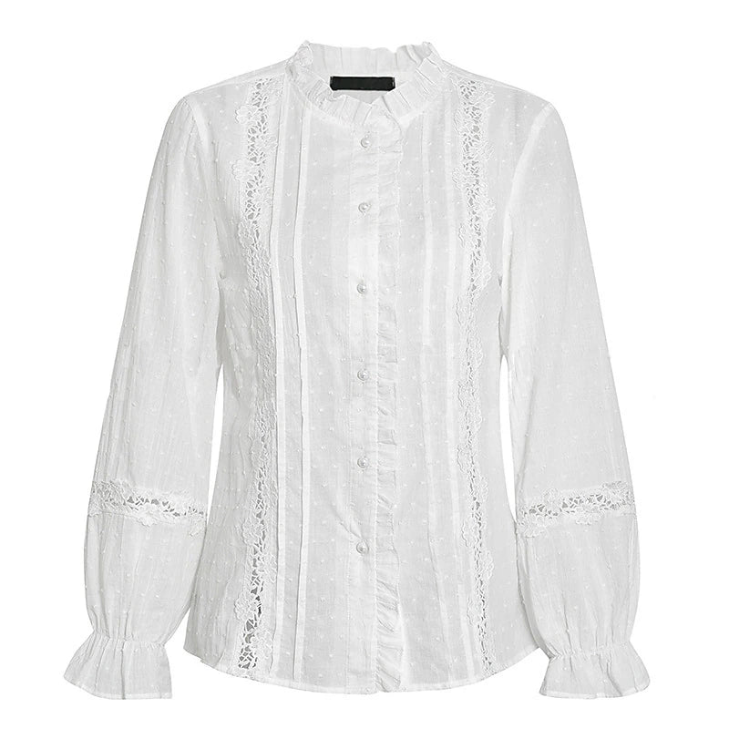 Women's Shirt Lace Shirt Blouse Eyelet top Plain Daily Weekend Lace Patchwork Button White Long Sleeve Elegant Vintage Fashion Standing Collar Spring Fall