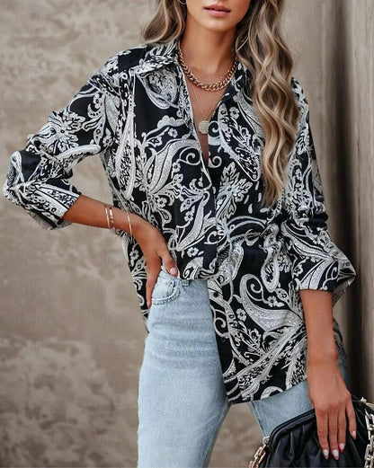 Women's Shirt Blouse Paisley Casual Button Print Black Long Sleeve Fashion Shirt Collar Spring &  Fall